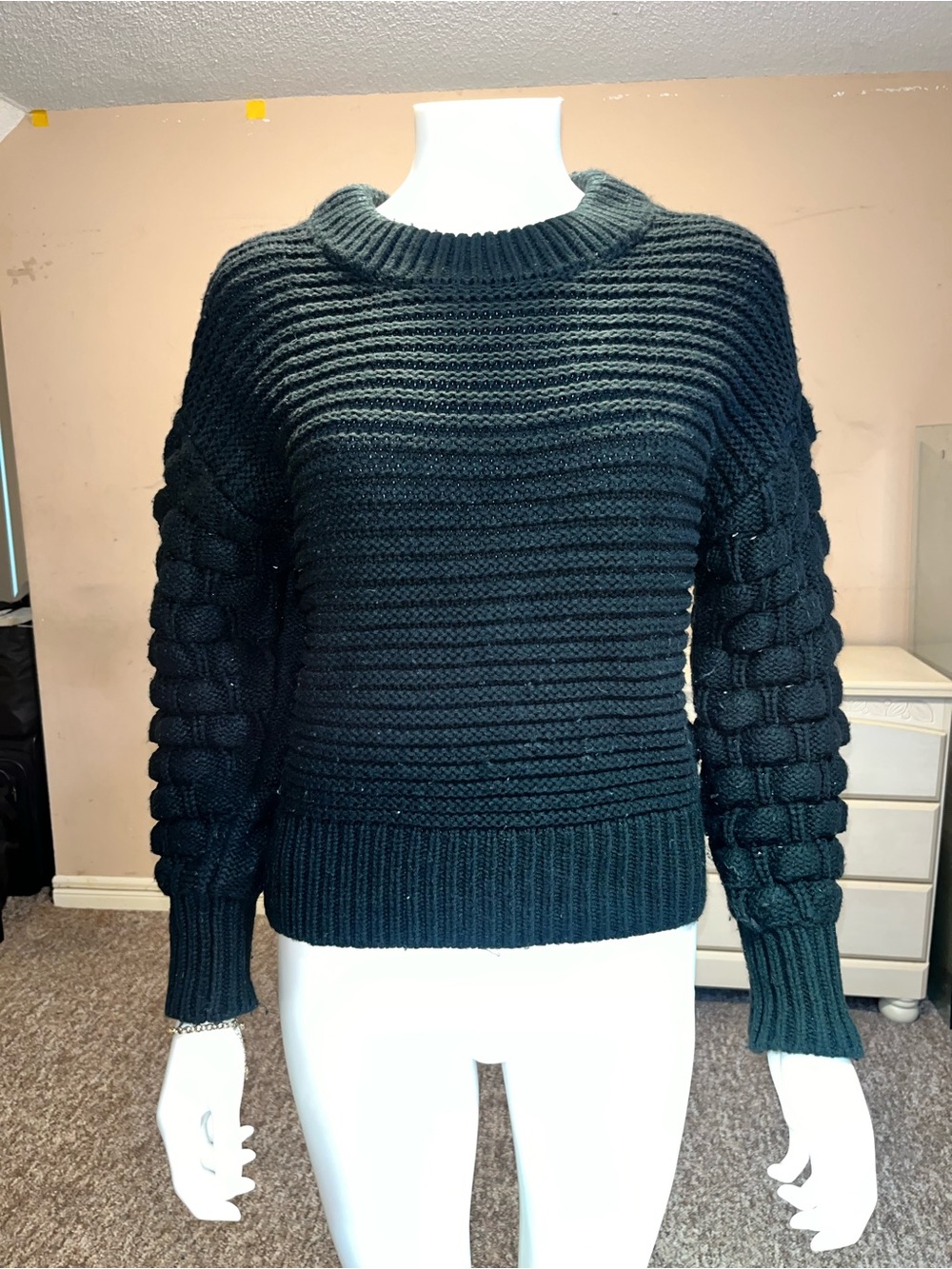 Elodie Black Chunky Knit Crewneck Sweater with Bubble Sleeves